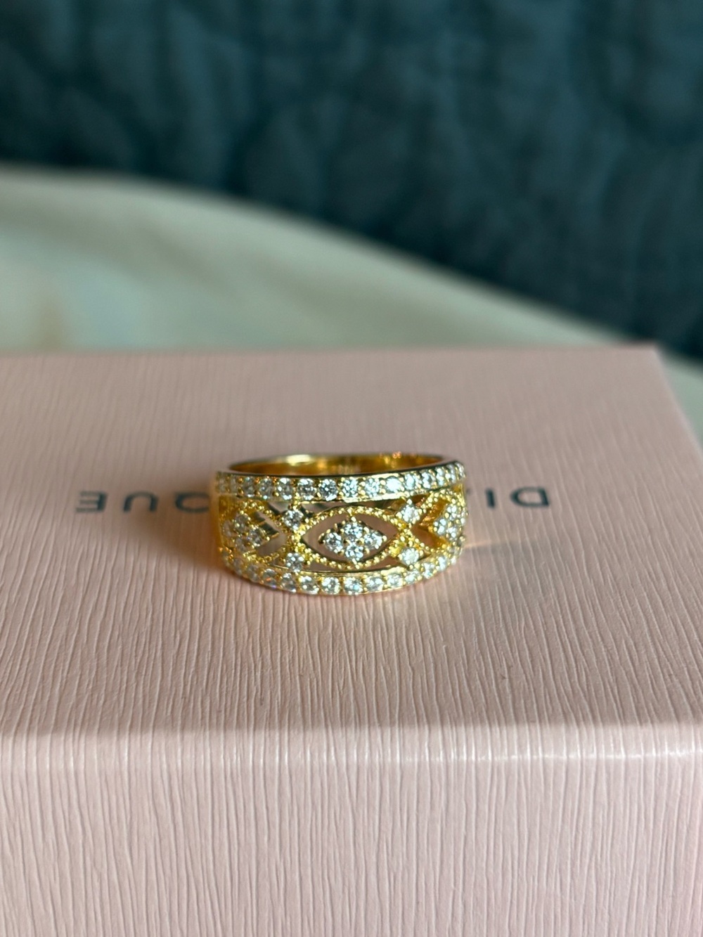 Diamonique Gold Tone CZ Openwork Statement Ring Size 7 NIB Designer New Jewelry